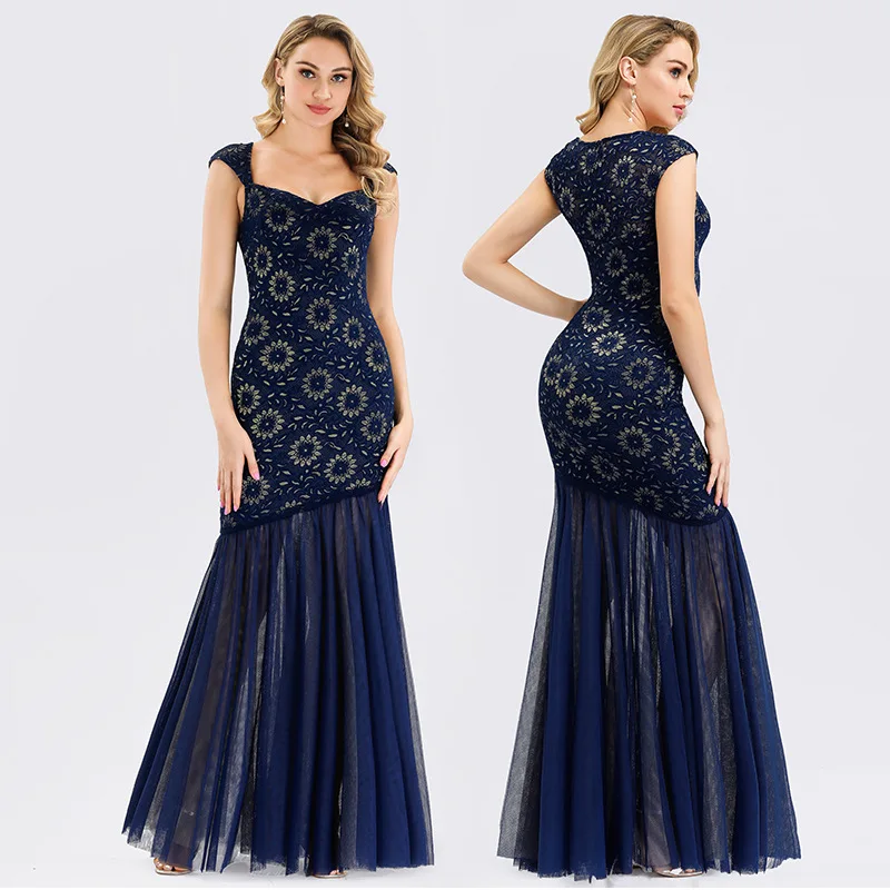 

Europe And America Formal Dress Summer New Style Color Lace Joint Contrast Color Gauze Sheath Fishtail Elegant Smart Middle-aged