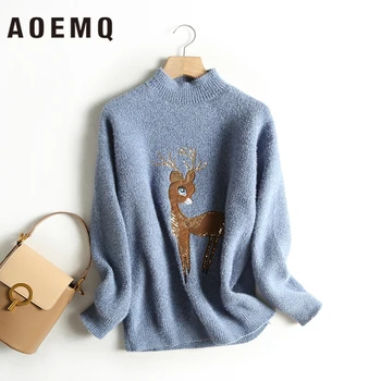 

AOEMQ Fashion Sweaters Pullovers Korea Embroidery Deer Print Sweaters Zoo Theme Women Tops Thick Spring/Winter Women Clothing