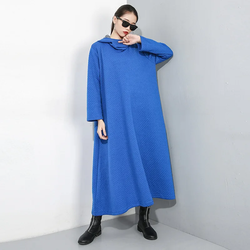 

Johnature 2019 Winter New Solid Color Hooded Collar Loose Robe Dress Women Fashion Casual Simple All Match Plus Size Dresses