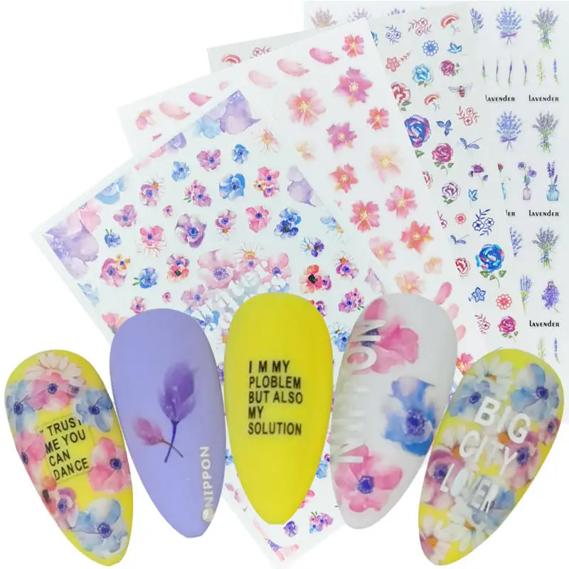 

1 Sheet 3D Nail Art Stickers Sliders Lavender Flowers Leaf Adhesive Nail Decals Foil Nail Stickers