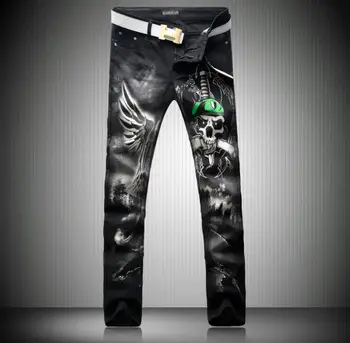

Men's Skull Snake Wing Print Jeans Male Casual Slim Painting Biker Jeans Fashion Black Stretch Denim Long Trousers size 28-38