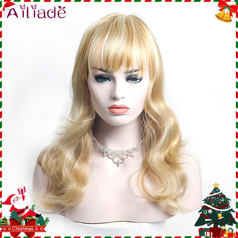 

AILIADE Long Blonde Wigs with Bangs Heat Resistant Fiber Synthetic Wave Wigs for Women African American Cosplay daily False Hair