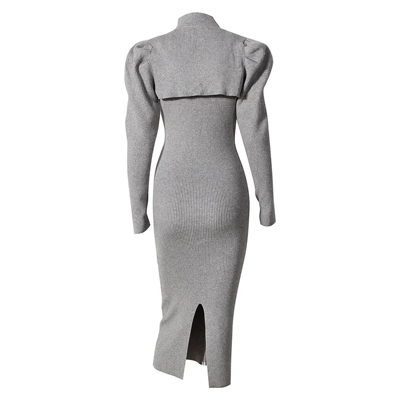 ECRURANI Casual Two Piece Set For Women Long Sleeve Tops Round Neck Sleeveless Slim Side Split Dress 2021 Females Dresses Suits