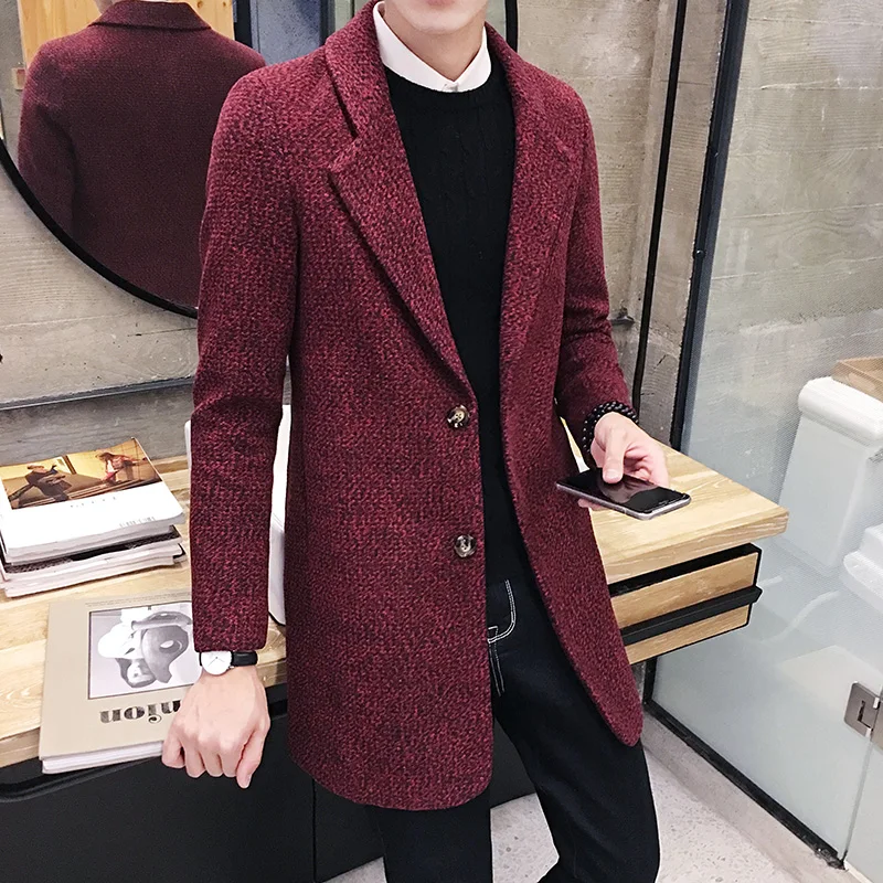 M-3XL, хит, новая мужская одежда, модное клетчатое шерстяное пальто, зимнее приталенное шерстяное пальто средней длины с отложным воротником, верхняя одежда - Цвет: wine red