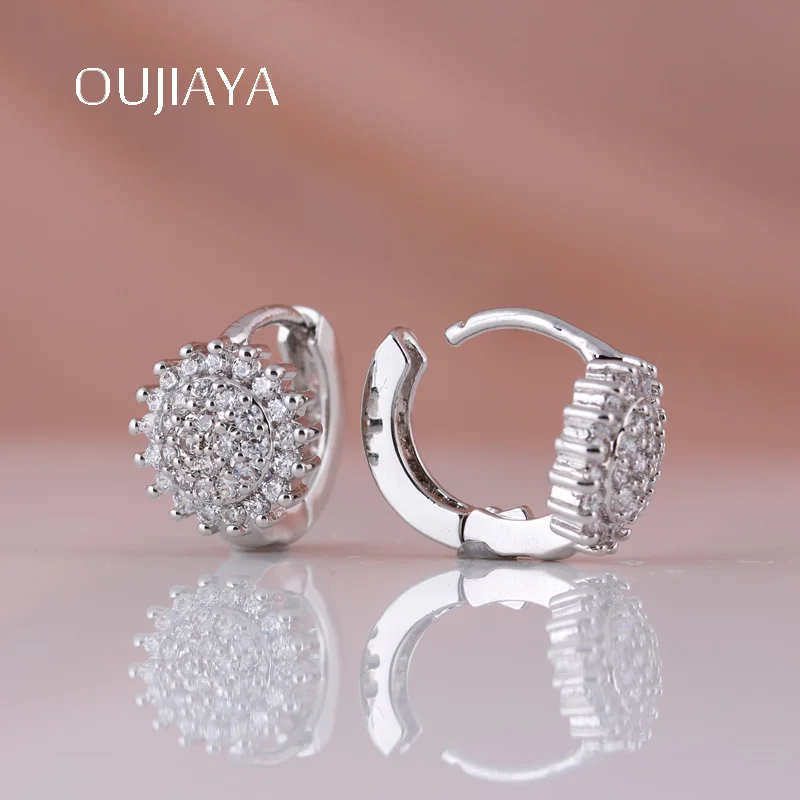 OUJIAYA Simple Exquisite 585 Rose Gold round earrings Natural Zircon Fine Jewelry Women Dangle Earrings RU Hot Party Wedding A59