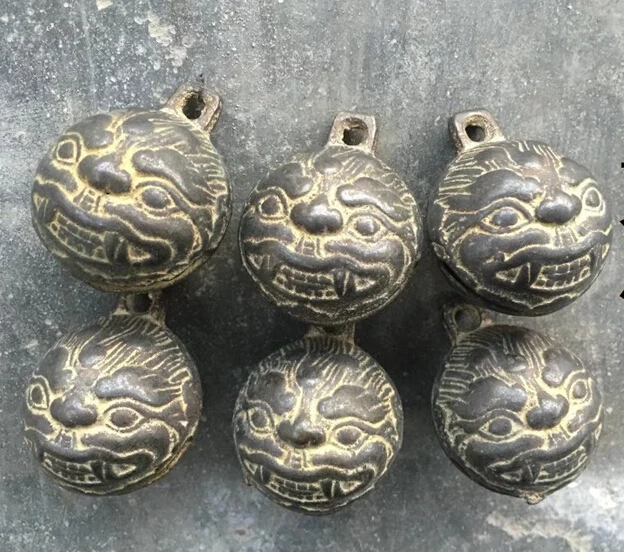 

6PC Qing Tiger Head Copper Ring/Horsebell Antique Collection Sculpture small bell Free Shipping