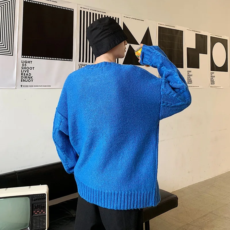 Autumn New Sweater Men Warm Fashion Solid Color Casual Plaid Pullover Men Streetwear Wild Loose Knit Sweter Man Clothes M-2XL