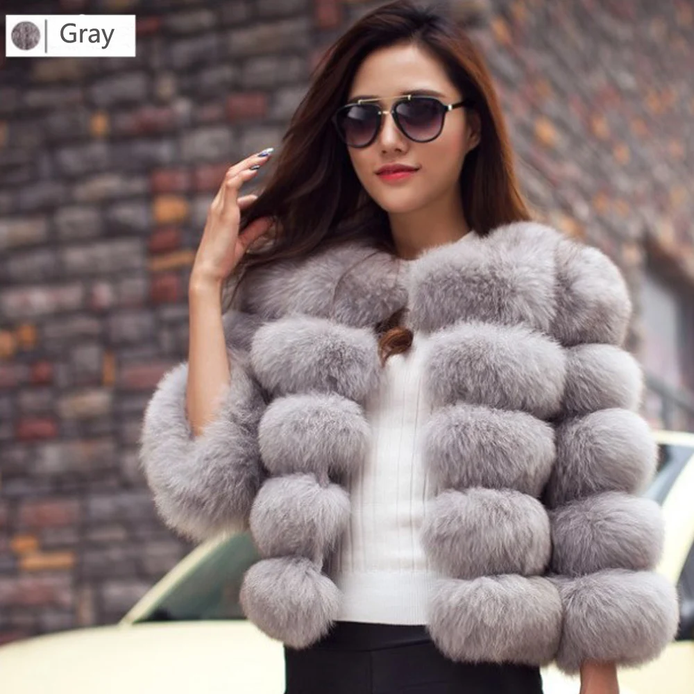 Серый S-4XL, плюс размер, Лисий мех, пальто для женщин, зима, топ, модное, розовое, искусственный мех, пальто, элегантная, толстая, теплая верхняя одежда, искусственный мех, куртка оверсайз - Цвет: Серый