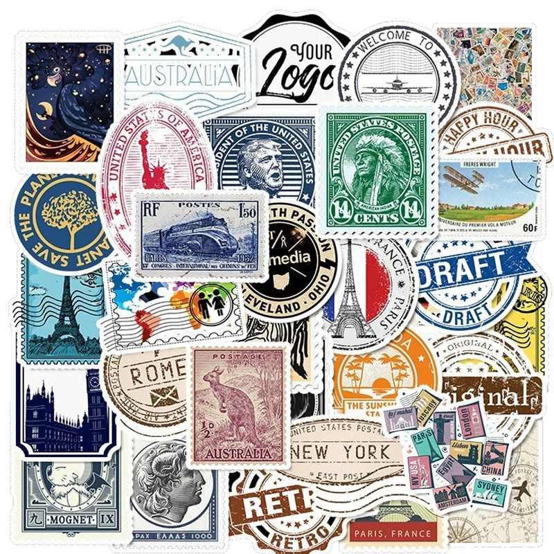 60Pcs Travel Style Stickers Postmark Stamp Labels Paper Suitcase Guitar Car 