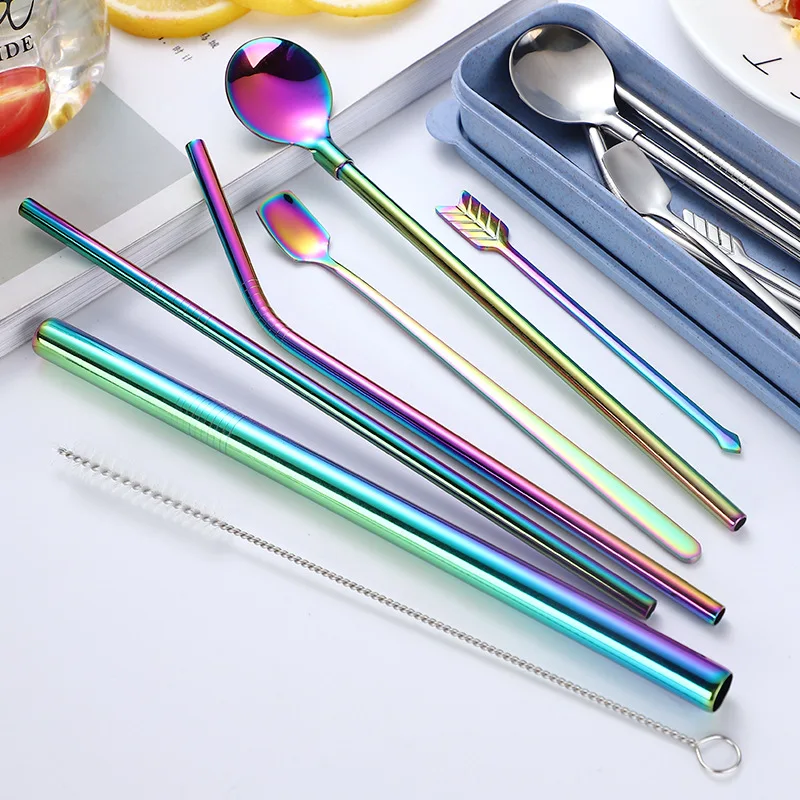  Reusable Metal Drinking Straws Spoon Stainless Steel Sturdy Straight Drinks Straw Table Cutlery Set