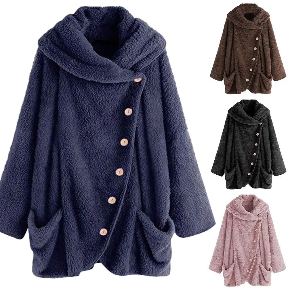 

Women Fur Coat Solid Color Irregular Button Faux Fur Coat Winter Long Sleeve Hooded Teddy Coats Woolen clothing