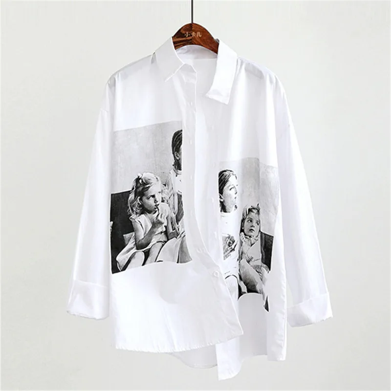 Neploe/Повседневная Свободная рубашка с принтом персонажей из мультфильма, весна-лето, однотонная белая блузка с отложным воротником, Harajuku, Корейская блуза 69669