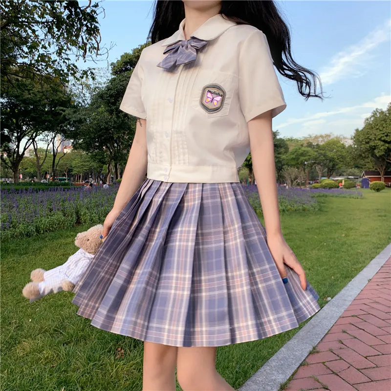 

Summer japanese school uniform polo collar embroidery student shirt purple plaid mini pleated school skirt JK uniform sets 2020
