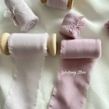 

Sheer Frayed Edged 100% Silk Ribbon With Wood Spool 25mmx5Meter Wedding Decorations Invitation Bridal Bouquets FlowerShop Fringe