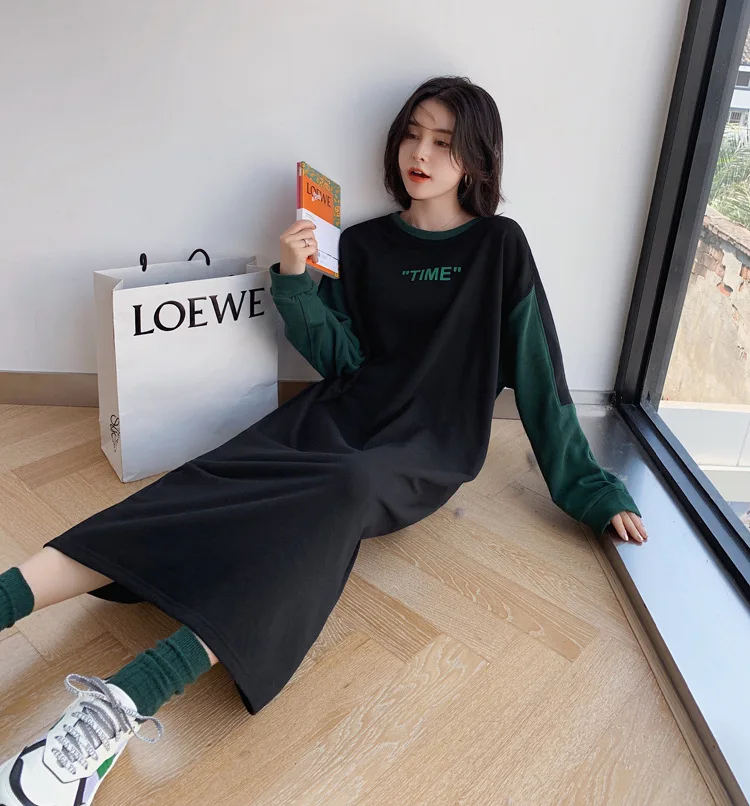 Correspondência sobre o Joelho com Capuz Outono Novo Solto Longo Hoody Cor Vestido Hong Kong Estilo Manga Comprida 2021 12 Cheap Agasalhos e Moletons
