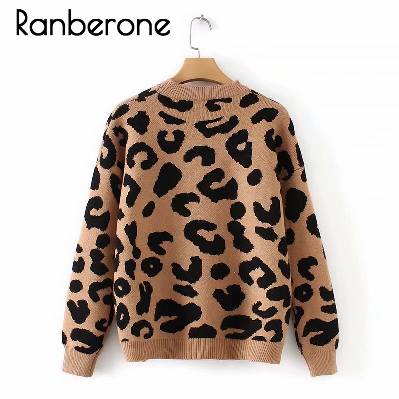 Ranberone Women Leopard Knitted Sweater Autumn Winter Animal Print Sweaters Thick Long Sleeve Female Pullovers Casual Tops Women Ranberone Women Leopard Knitted Sweater Autumn Winter Animal Print Sweaters Thick Long Sleeve Female Pullovers Casual Tops Women