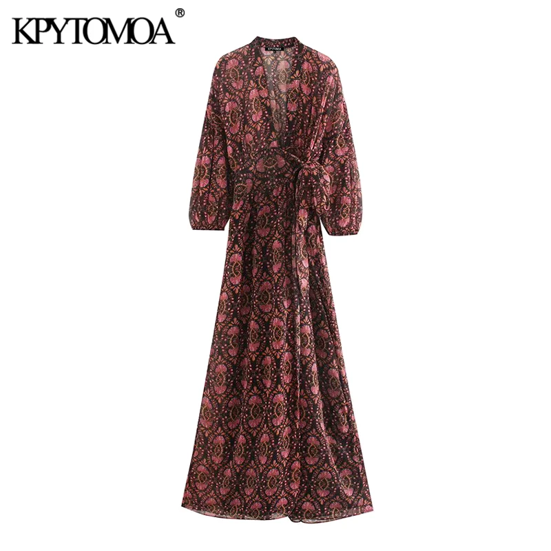KPYTOMOA Women 2020 Chic Fashion Print Bow Tie Sashes Wrap Midi Dress Vintage Three Quarter Sleeve Female Dresses Vestidos Mujer KPYTOMOA Women 2020 Chic Fashion Print Bow Tie Sashes Wrap Midi Dress Vintage Three Quarter Sleeve Female Dresses Vestidos Mujer