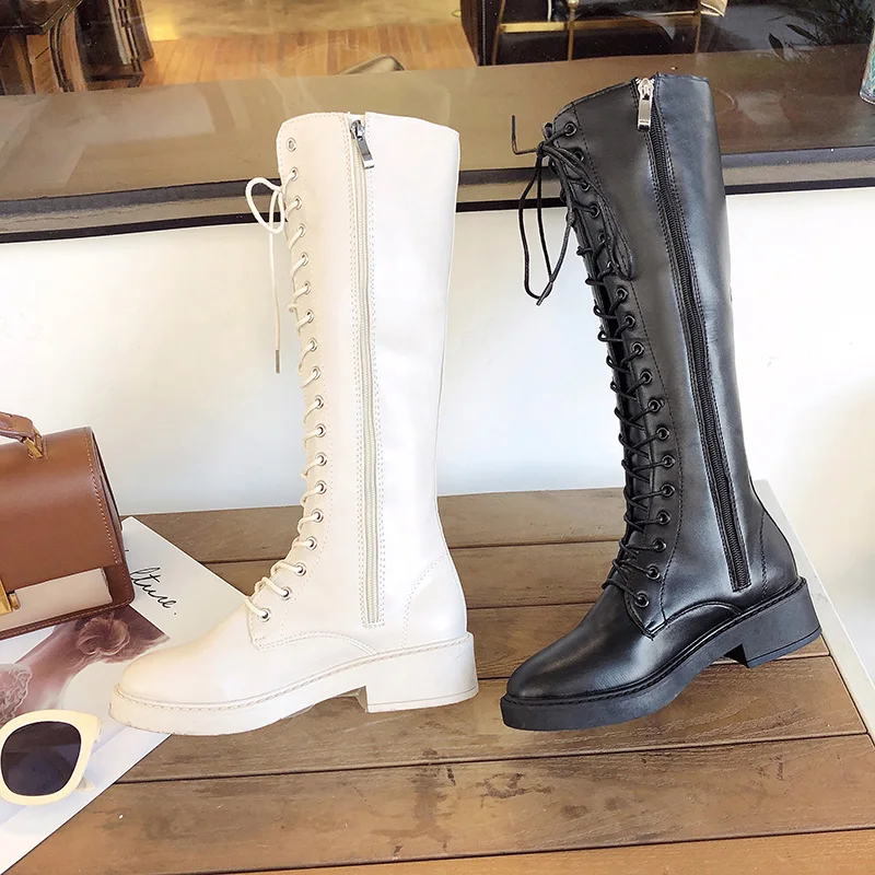 

2019 autumn and winter plus velvet white boots Korean version of the wild with high boots thin section women's cross straps