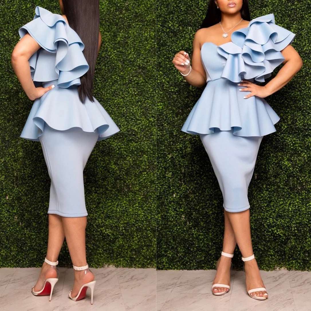 Women Elegant Office Lady Pencil Dress Blue Pink Ruffles High Waist One Shoulder For Work Business Midi New | Женская одежда