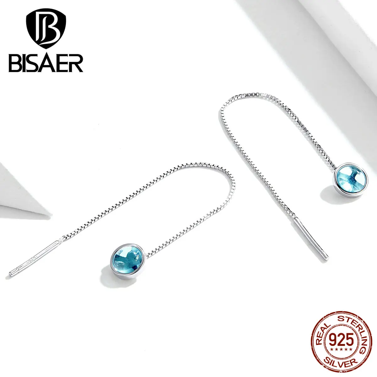 Простые серьги BISAER 925 пробы Серебряная Длинная цепочка простые классические женские серьги-гвоздики для женщин модные ювелирные изделия ECE720