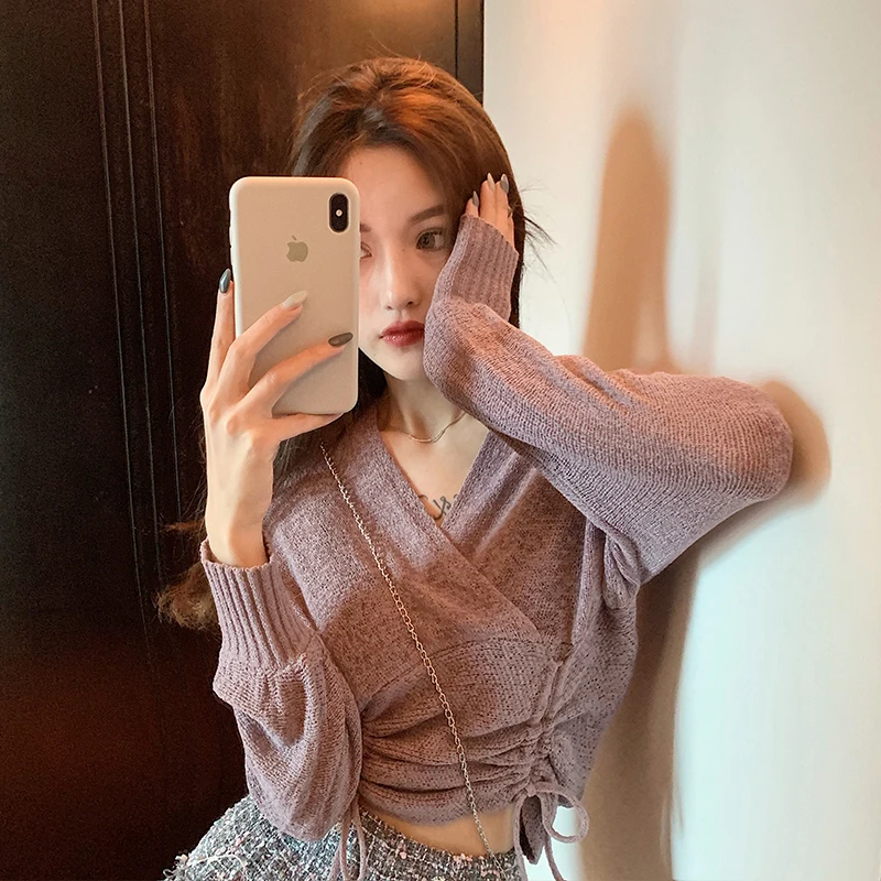 

ladies tops Korean style casual crop top pullovers knitted autumn lace up sweater women v-neck loose long sleeve ulzzang fashion