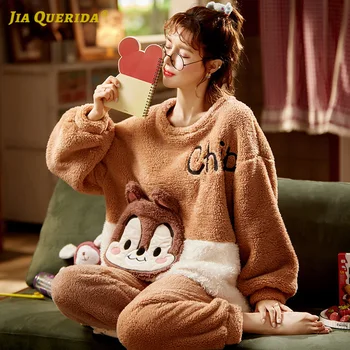 

Crew Neck Winter Warm Long Sleeve Long Pants Sleepwear Fashion Flannel Casual Pajamas Set Loungewear Woman Cartoon Printing