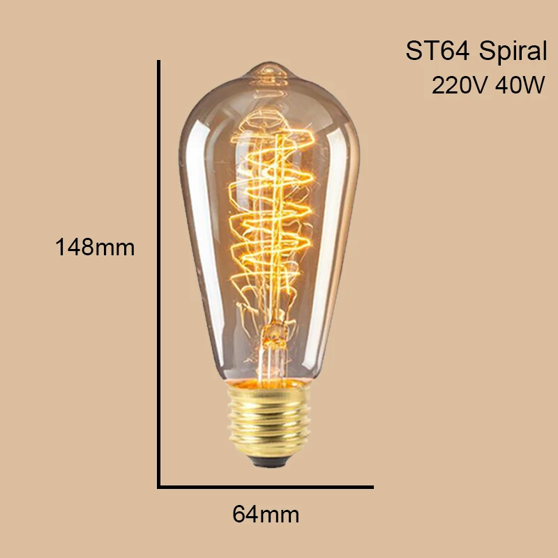 ST64 G95 G80 T30 лампочка накаливания Эдисона с затемнением 40 Вт 220 в E27 винтажный светильник Ретро подвесной светильник нить Спираль Промышленный Декор - Цвет: ST64Spiral