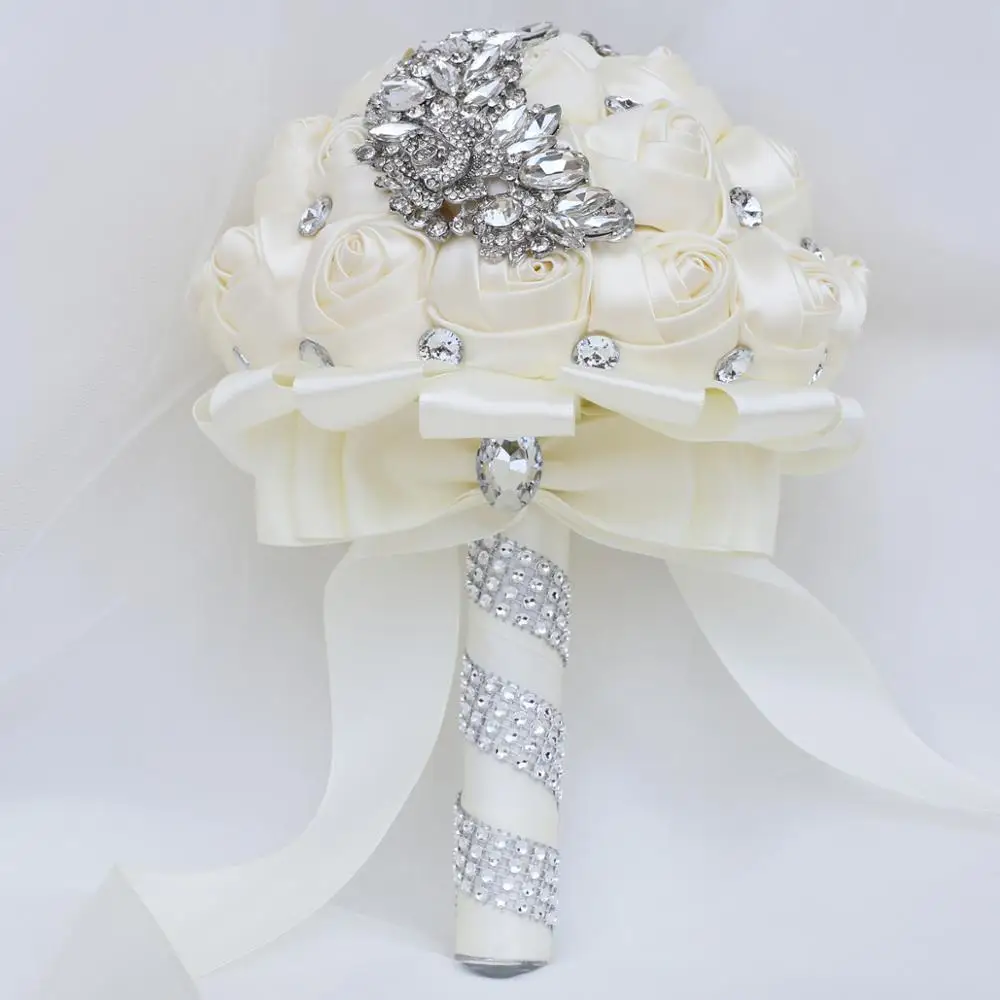 Crystal Wedding Bouquet Brooch Beaded Bridesmaid Artificial Rose Handmade Rhinestones Bridal Holding Flowers