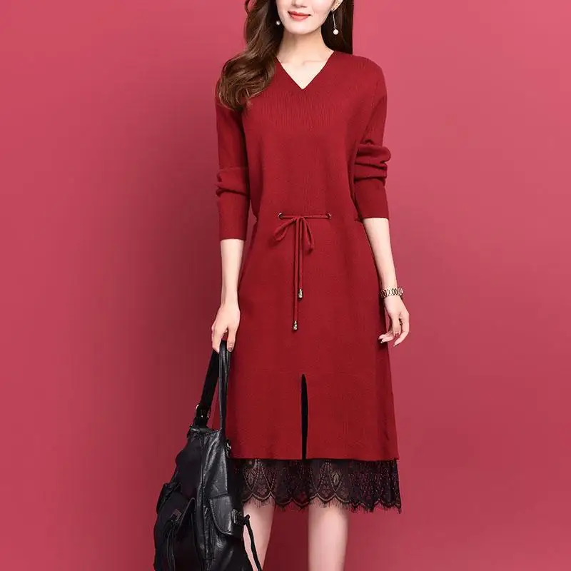 

Autumn Winter V Neck Lace Patchwork Wine Red Black Long Sleeve Knitted Sweater Dress For Women 2019 Woman 3xl Slim Knit Dresses
