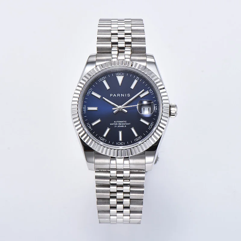 

New Parnis 39.5mm Blue Dial Mechanical Automatic Men Watches Miyota 8215 Movement Calendar Men's Bracelet Watch 2020 man clock