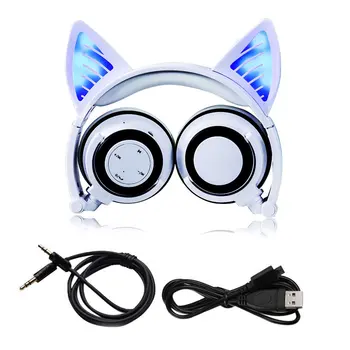 

Foldable Cosplay Cat Ear Bluetooth Headphone Wireless Wire Universal Stereo Headset LED Light Flashing Earphone With Mic