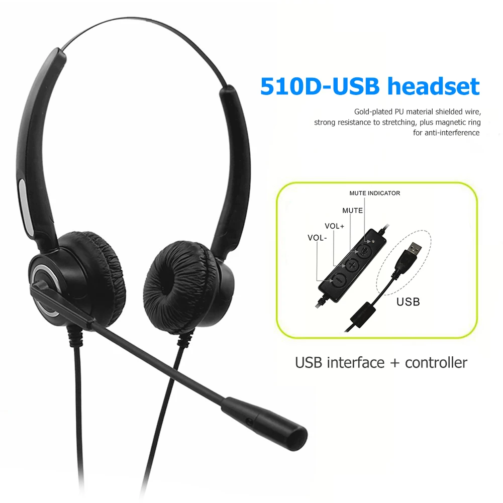 USB Wired Headset for Call Center PC Line Control Mute Button Headphone with Noise Cancelling Microphone Business Headphones