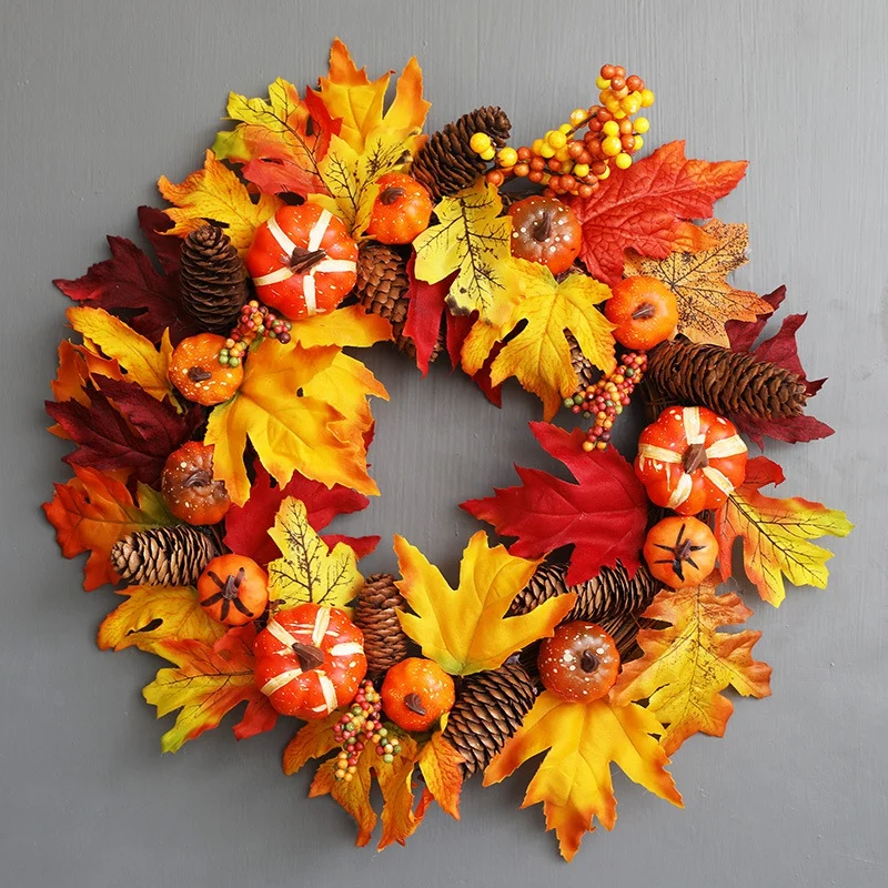 

Thanksgiving Day Front Door Garland 45CM Halloween Artificial Pumpkin Maple Leaves Wreath Autumn Holiday Wall Hanging Decoration