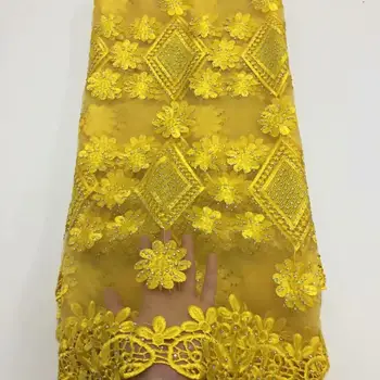 

2020 New Design Yellow Net Laces Fabric Stones Embroidery Tulle Water Soluble Cord Wedding Party Material High Quality Mesh Lace