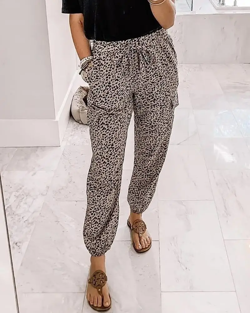 

Women Fashion Casual Pants Women Trousers High Waist Leopard Print Drawstring Pants