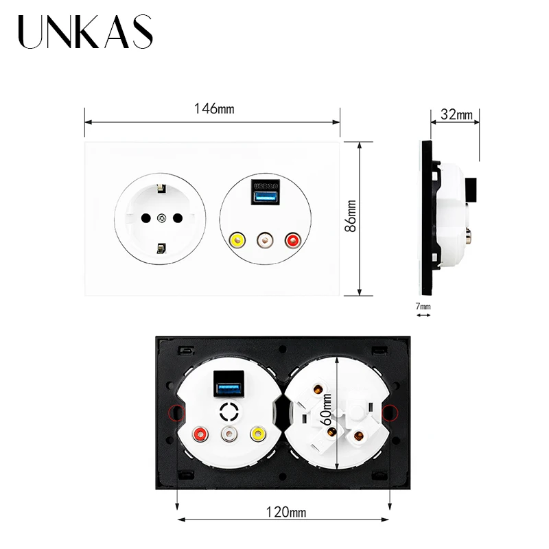 UNKAS USB 3 0 разъем для видеоразъема L/R каналы 16 А настенная розетка европейского