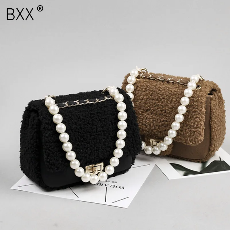 

[BXX] Faux Fur Small Crossbody Bags For Women 2020 Winter Shoulder Messenger Bag Female Pearl Handle Handbags And Purses HJ355