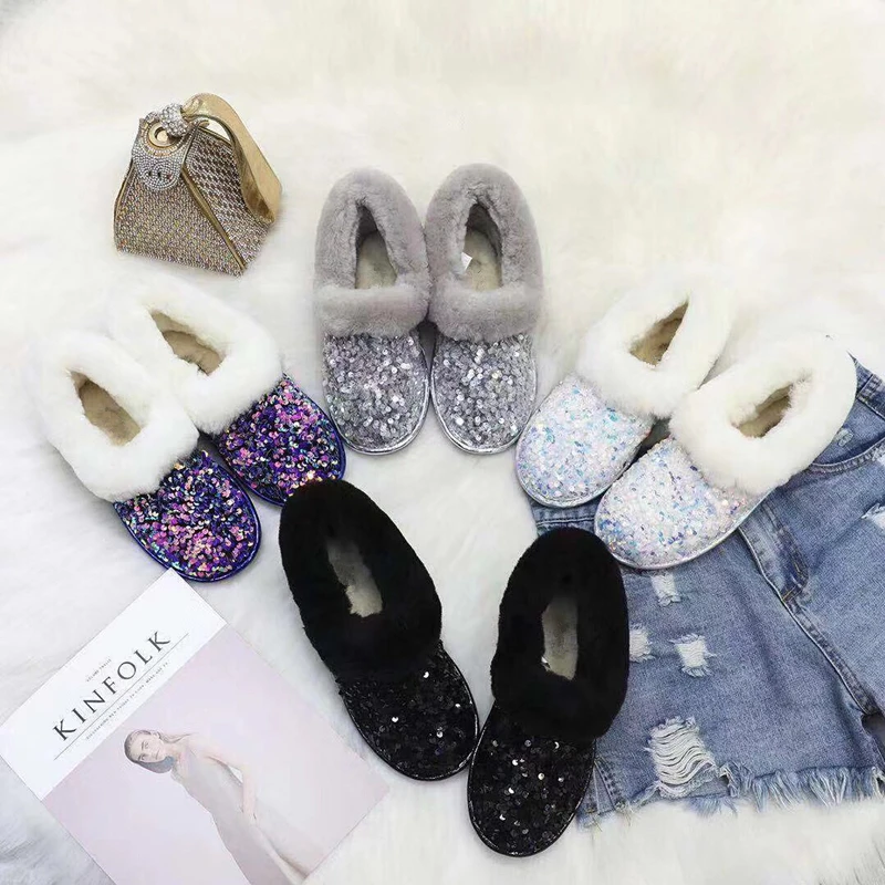

Top quality Winter Classic novelty series uppers High-grade sequins wool shallow mouth Set foot flats boots women shoes
