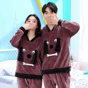 

Winter Young Women's Pajamas Warm Flannel Long-sleeved Pajama Sets Pyjama Loose Men Couple Sleepwear Top+ Pants Pijama Mujer