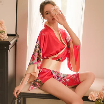 

2020 Women Japan Style Sexy Nightgown Lingerie Satin Kimono Nightdress Sleepwear Bath Robes Yukata Chemises Deep V-neck Clothing