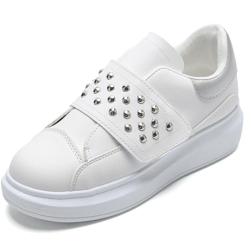 

2020 Spring New Style Hook & Loop Shoes White Color Students Breathable Med Heel Shoes Women's Fashion PU Sneakers K13-88