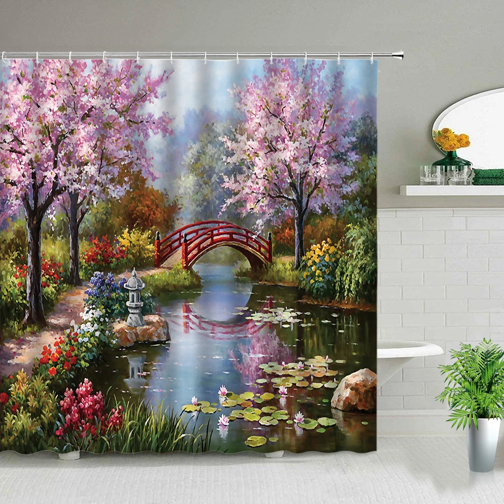 Oil Painting Scenery Shower Curtains Flowers Plant Swan Spring Landscape Bath Curtain Waterproof Bathroom Decor Polyester Cloth shower curtains