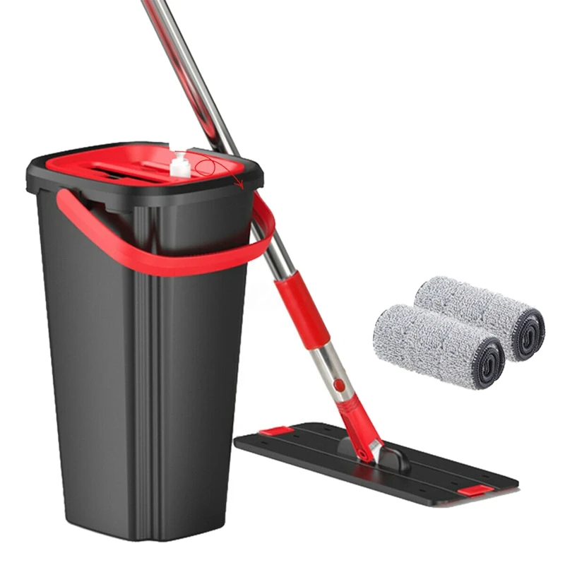 

Handfree Flat Floor Mop and Bucket Set Wringing Cleaning System Home Wash & Dry Black