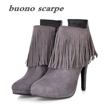 

Autumn and winter new 10cm high-heeled slender short tube side zipper large size 34-45 fringe boots