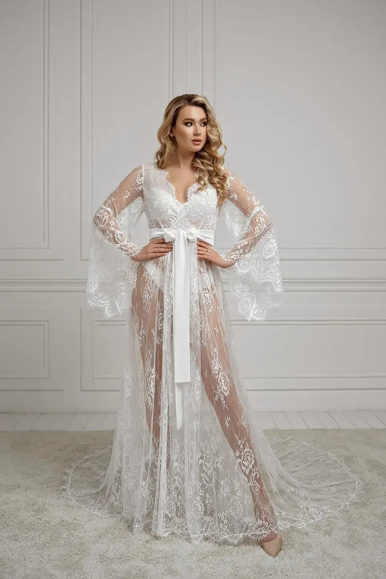 Long Lace Robe Bridal Robe With Train 