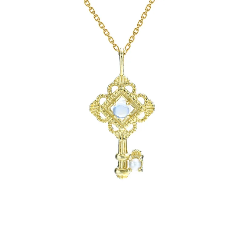 

Luxury Vintage Hollow Key 9K Real True Gold Natural Moonstone Gemstone Pearl Charm Pendant Necklace for Women Girl Fancy Jewelry