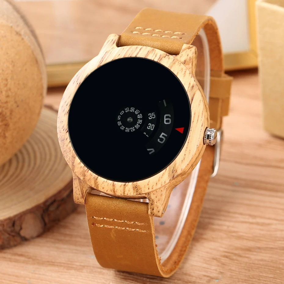 

Bamboo Wood Watch Men's Fashion Turntable Unique Fan-shaped Black Dial Design Quartz Leather Band Wristwatch Gifts for Men Women