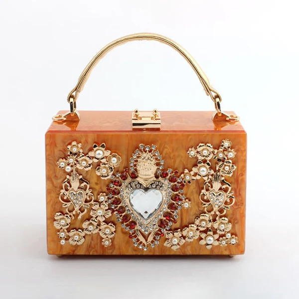 Роскошная акриловая коробка, вечерний клатч, сумки для женщин, жемчужные бриллианты, в форме сердца, с каменным узором, кошельки, сумочка, дамская сумка на плечо, вечерняя сумка - Цвет: gold