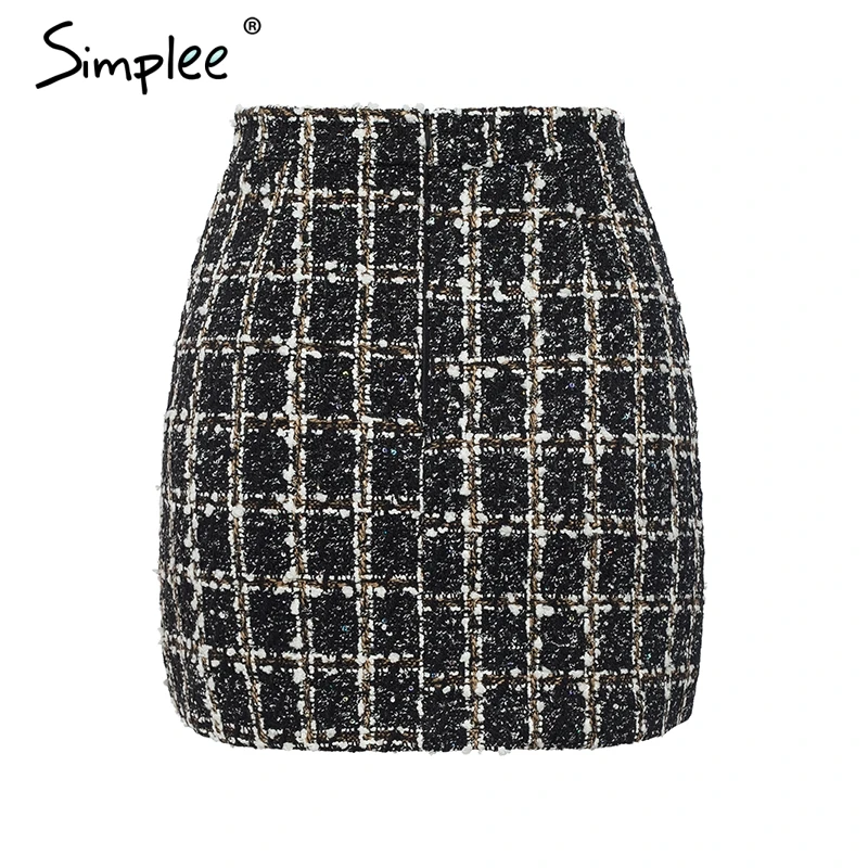 pattern2 black Simplee двубортные твидовые клетчатые женские юбки Прямые элегантные офисные женские короткие мини-юбка Vintage осенняя женская юбка - Цвет: pattern2 black