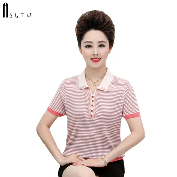 

ASLTW Women Summer T-Shirt New Fashion Print Turn Down Collar T-shirts for Women Short Sleeve Thin Plaid Female Tees Top
